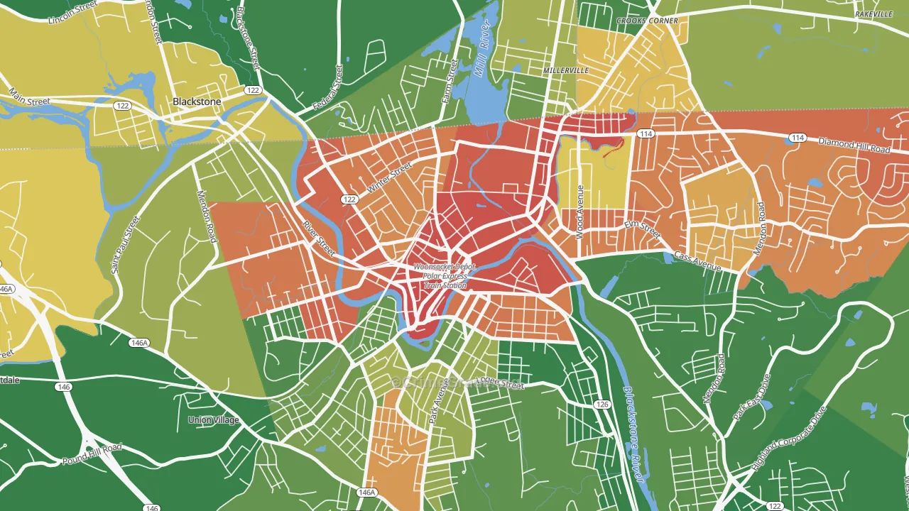 Social, Woonsocket, RI Map of Vandalism Rates