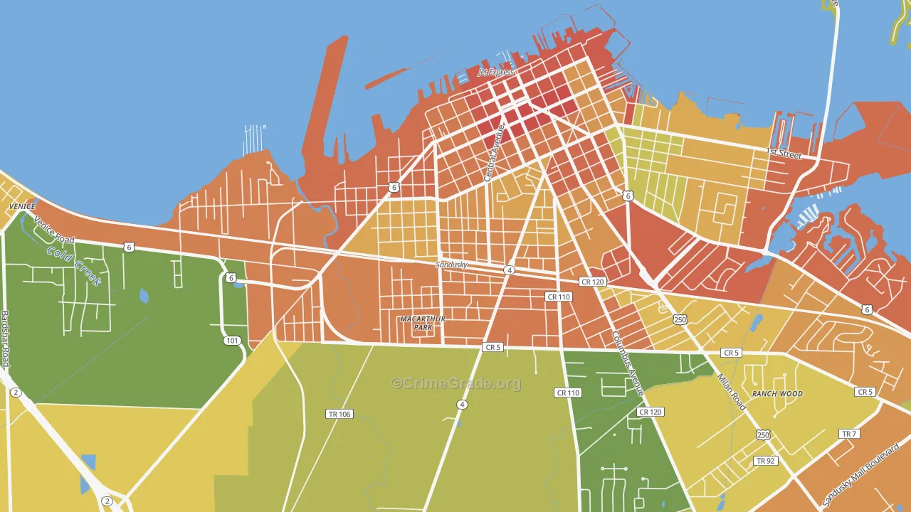 South Side, Sandusky, OH Map of Vandalism Rates