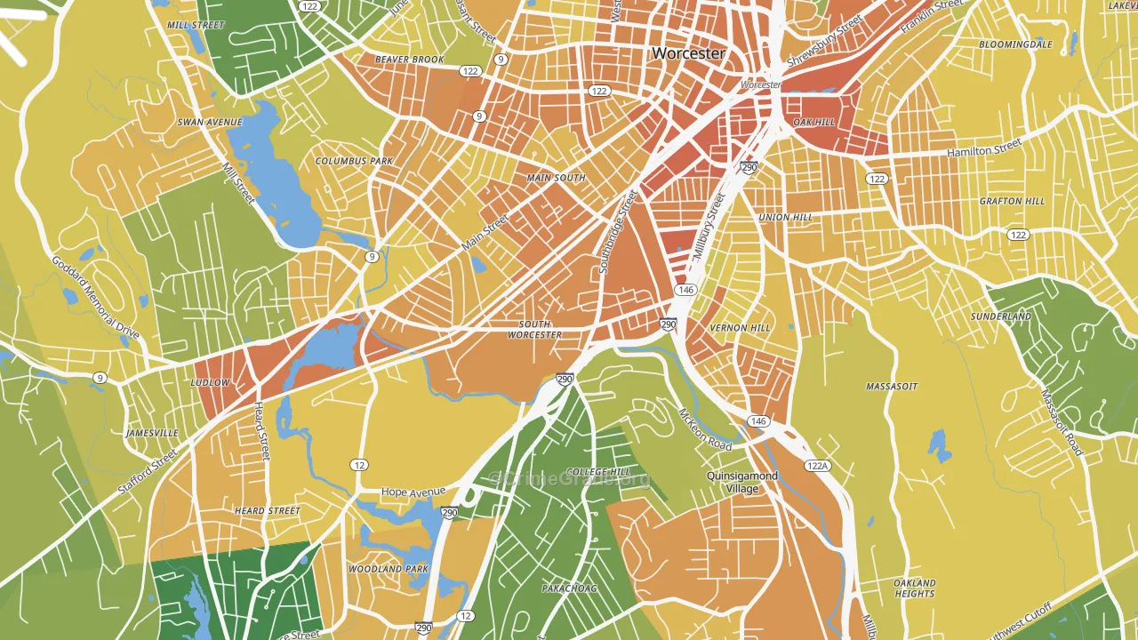 South Worcester, Worcester, MA Map of Vandalism Rates