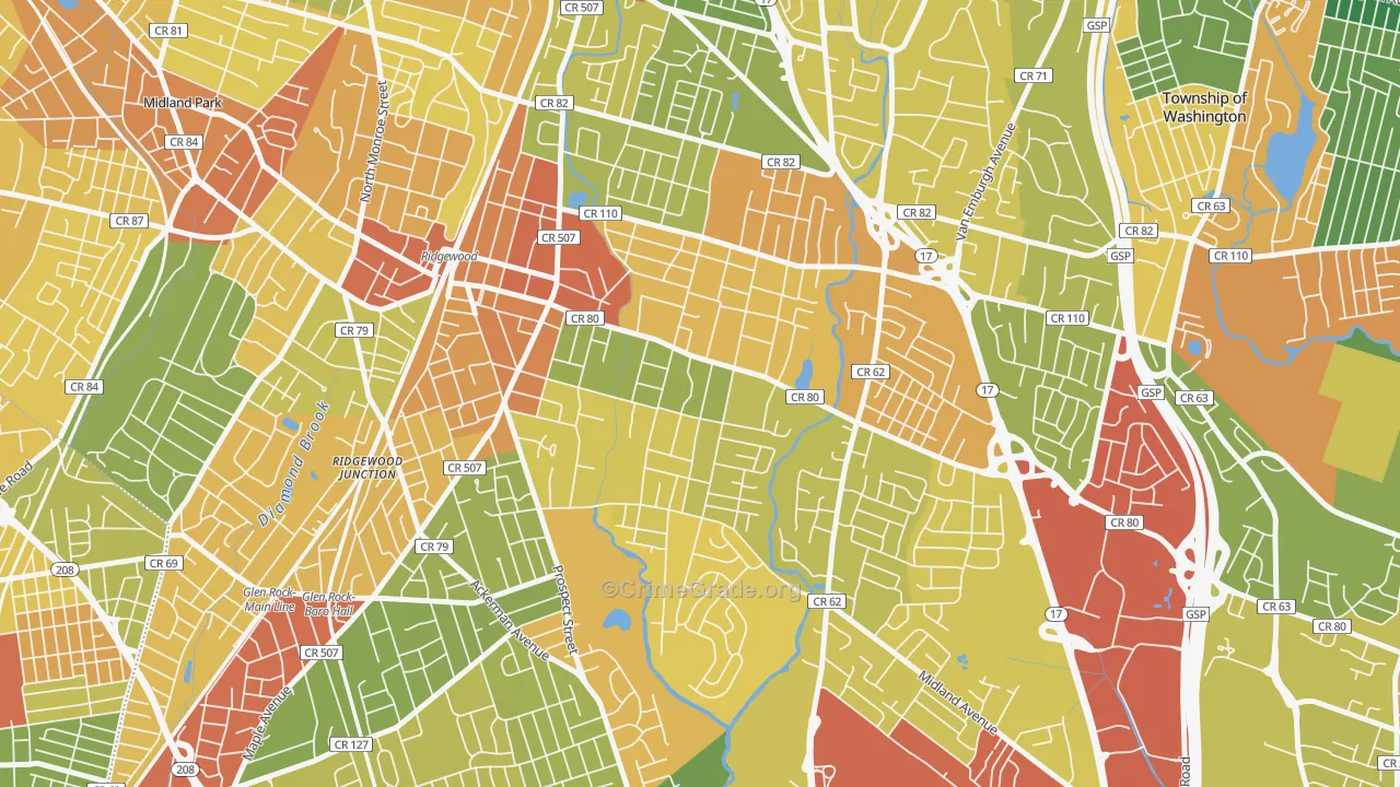 Southeast Ridgewood, Ridgewood, NJ Map of Vandalism Rates