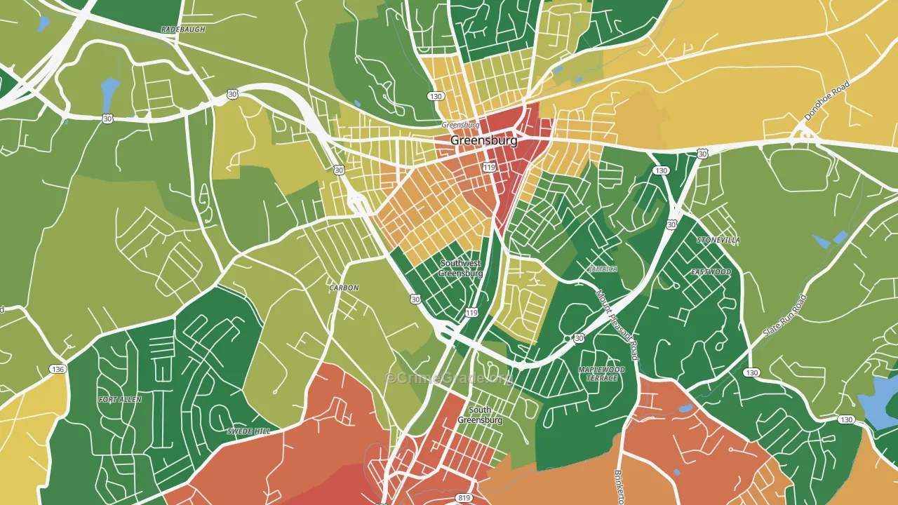 Southwest Greensburg, PA Map of Vandalism Rates