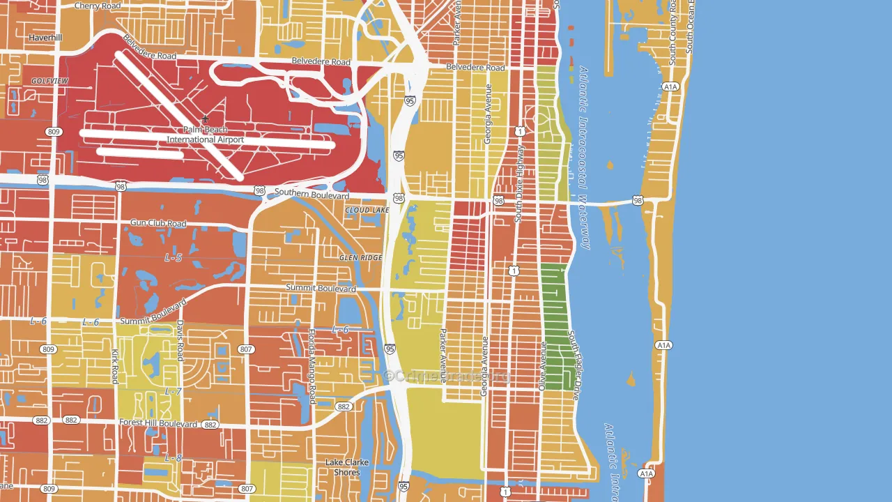 Southwest, West Palm Beach, FL Map of Vandalism Rates