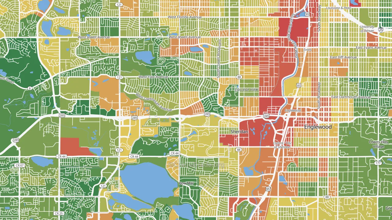 Southwestern Denver, Denver, CO Map of Vandalism Rates