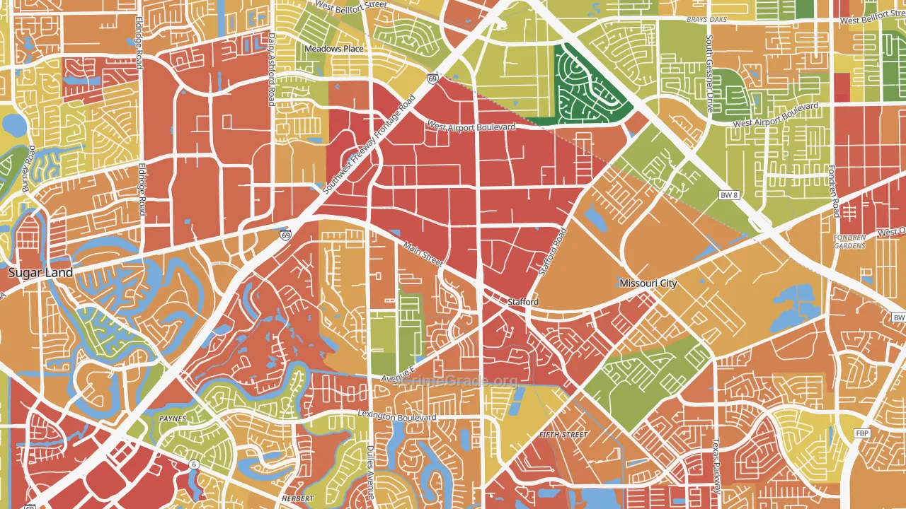 Stafford, TX Map of Vandalism Rates