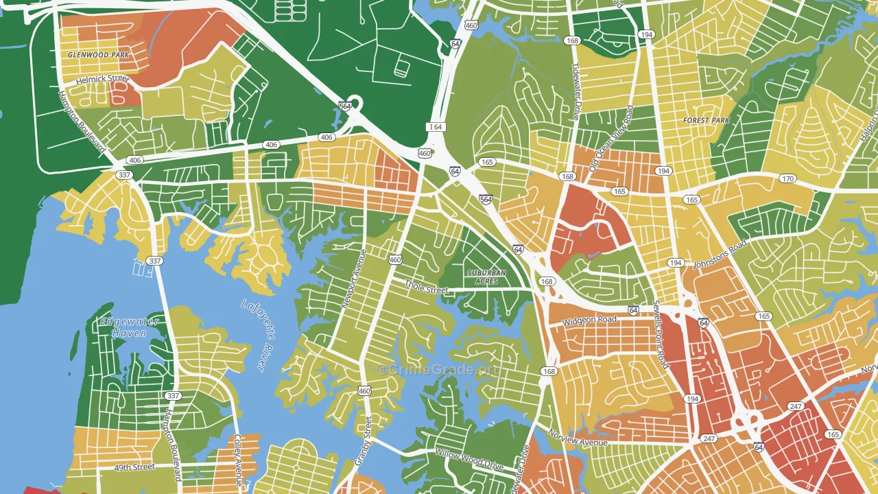Suburban Acres, Norfolk, VA Map of Vandalism Rates