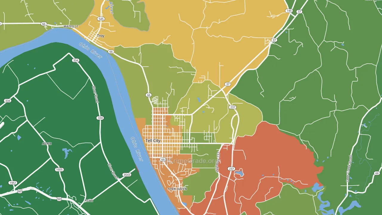 Tell City, IN Map of Vandalism Rates
