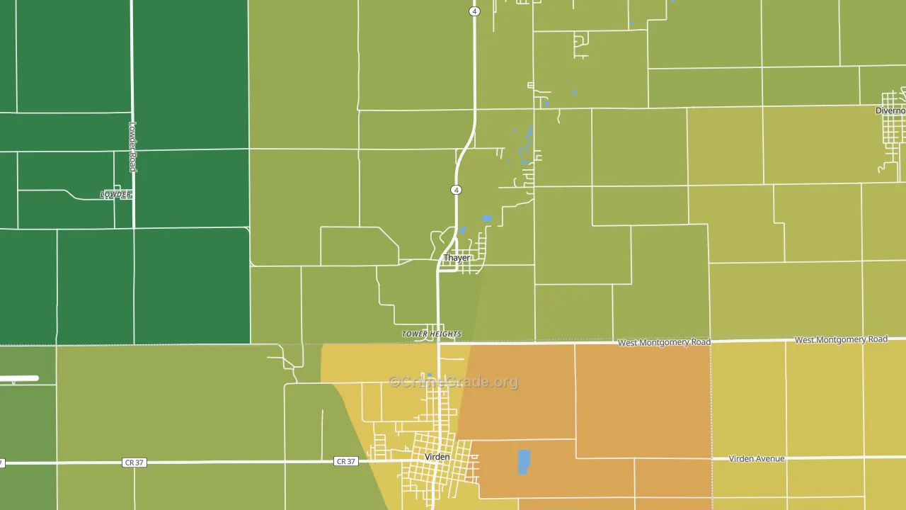 Thayer, IL Map of Vandalism Rates