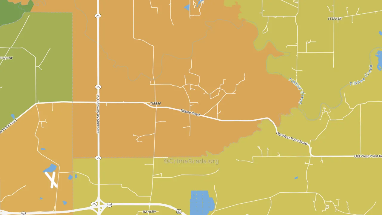 Tibbee, MS Map of Vandalism Rates