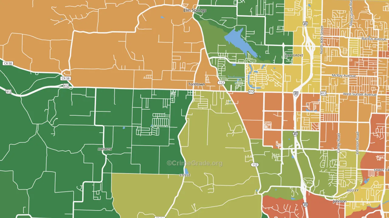 Tontitown, AR Map of Vandalism Rates
