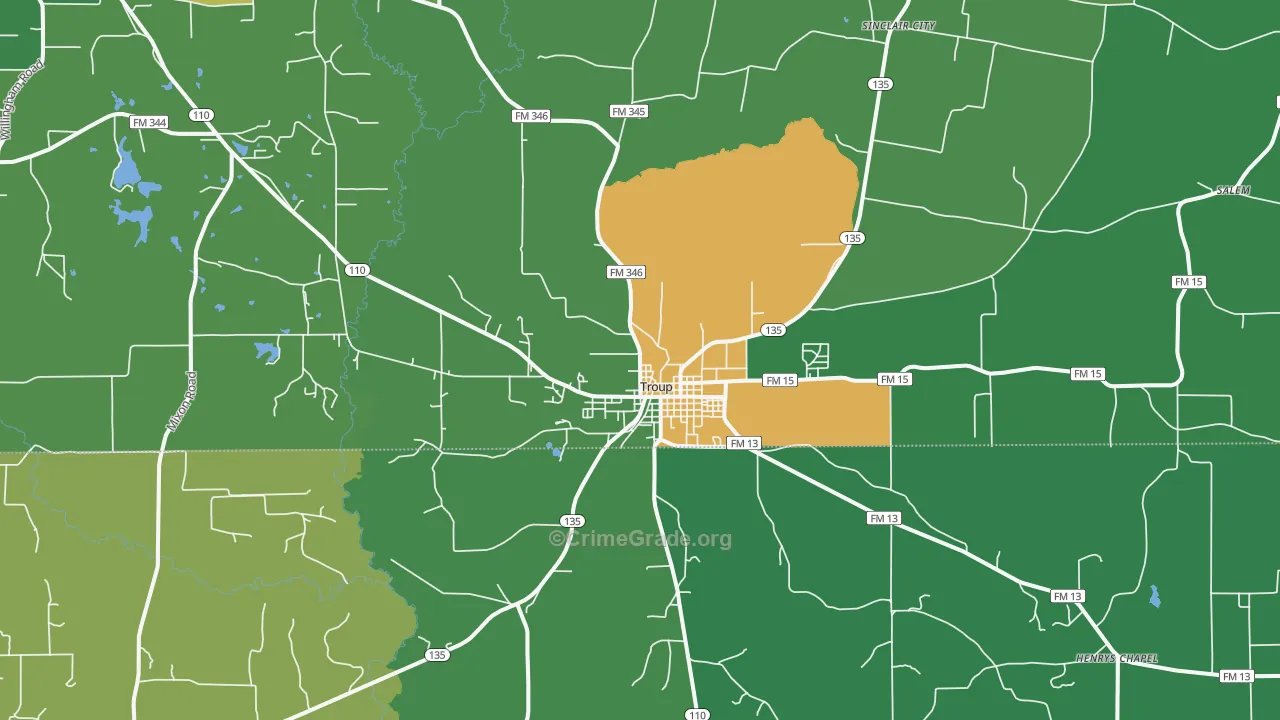 Troup, TX Map of Vandalism Rates