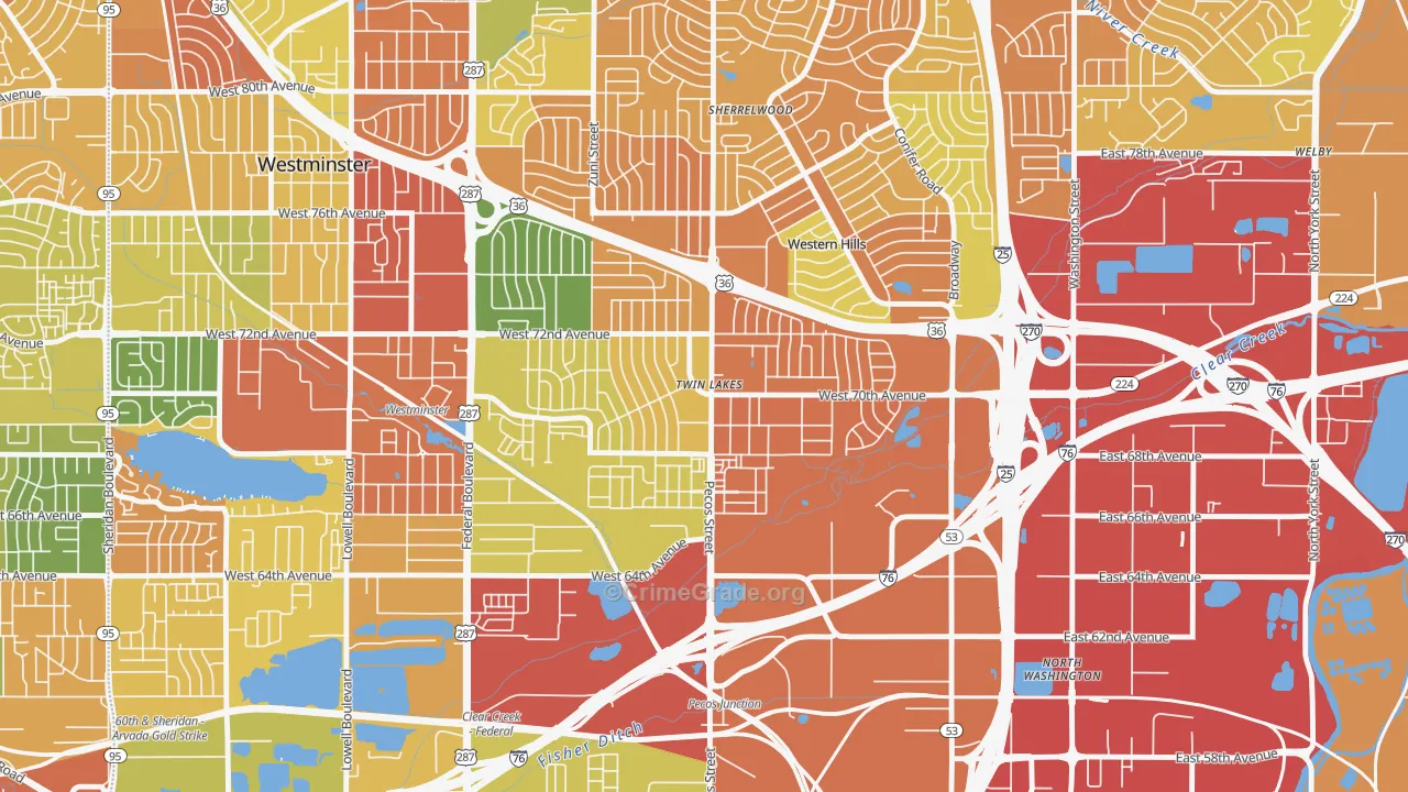 Twin Lakes, Denver, CO Map of Vandalism Rates