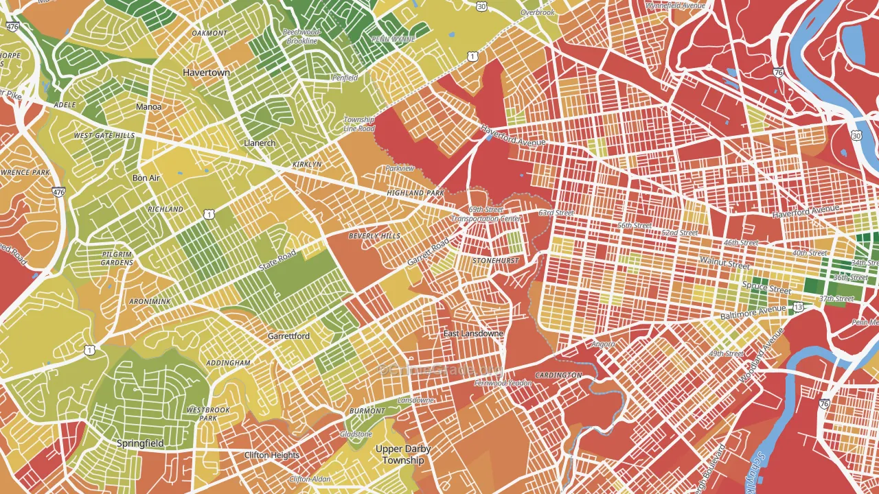 Upper Darby, PA Map of Vandalism Rates