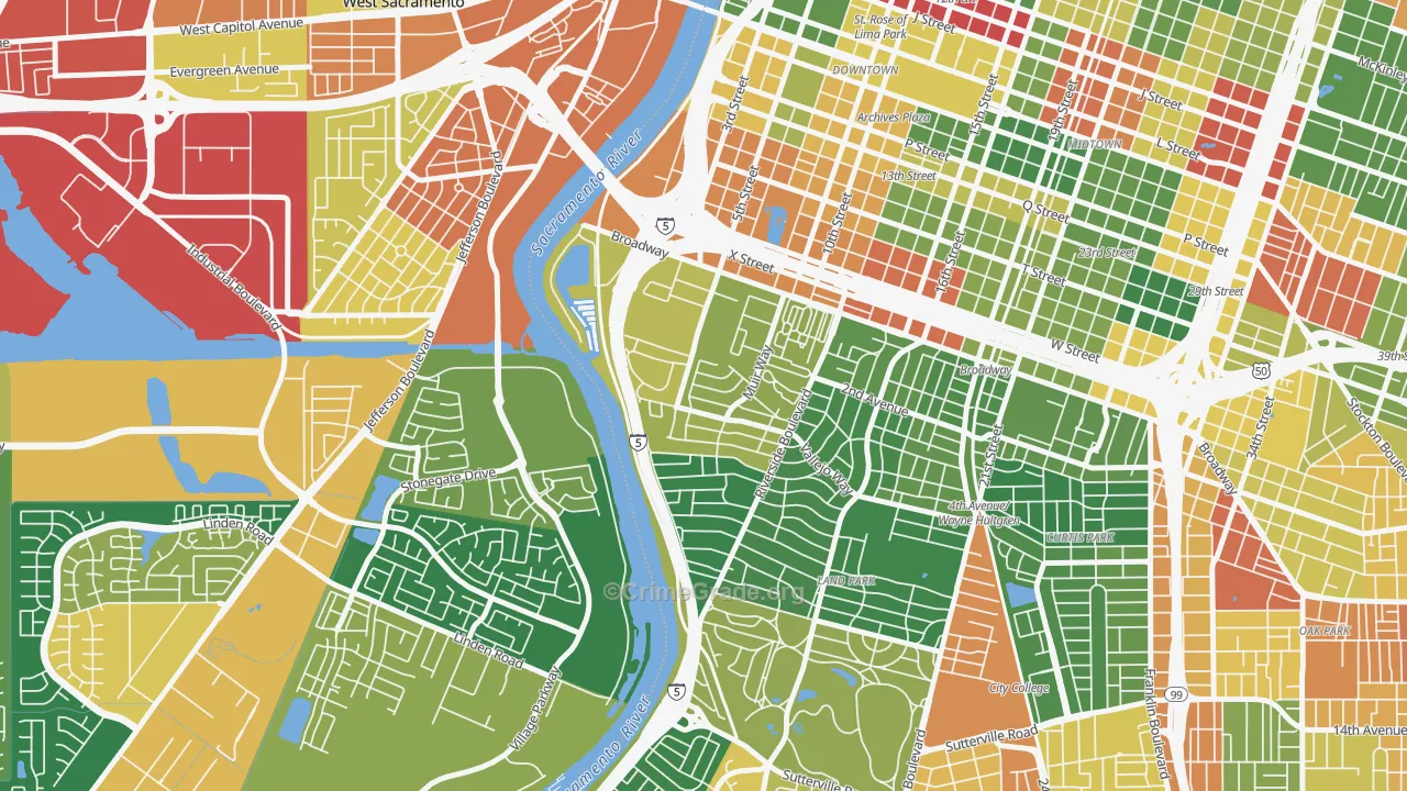 Upper Land Park, Sacramento, CA Map of Vandalism Rates