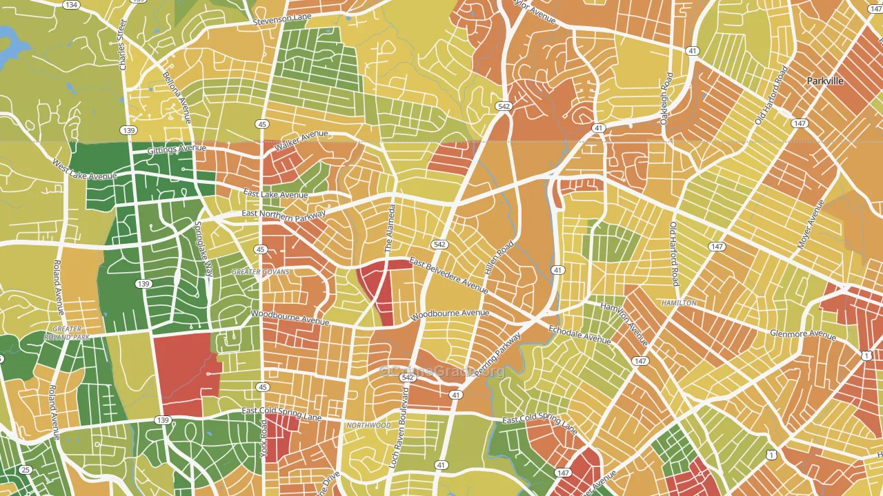 Upper Northwood, Baltimore, MD Map of Vandalism Rates