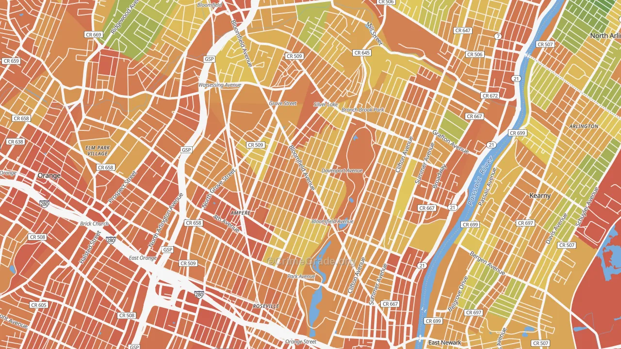 Upper Roseville, Newark, NJ Map of Vandalism Rates