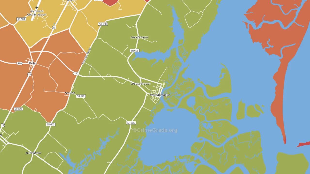 Wachapreague, VA Map of Vandalism Rates