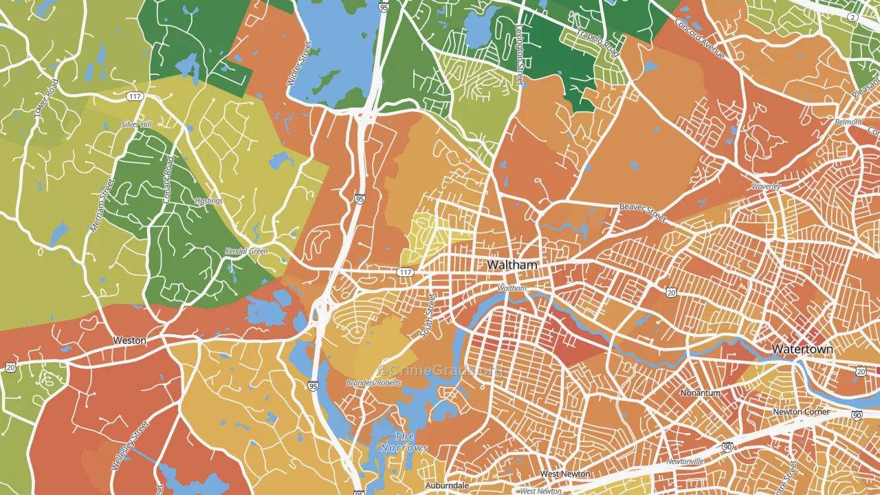 Waltham Highlands, Waltham, MA Map of Vandalism Rates