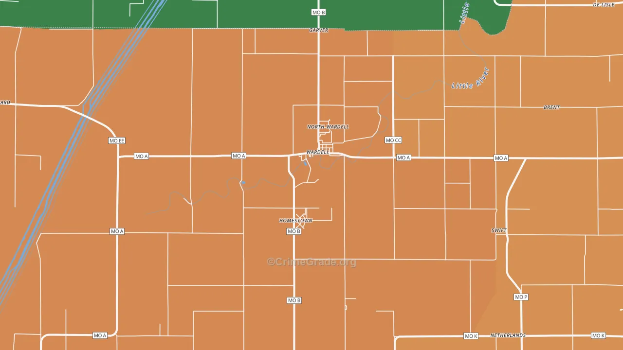 Wardell, MO Map of Vandalism Rates