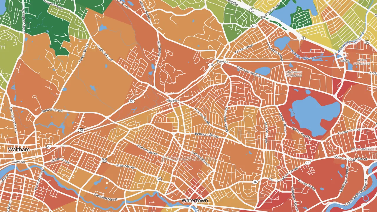 Waverley Square, Belmont, MA Map of Vandalism Rates