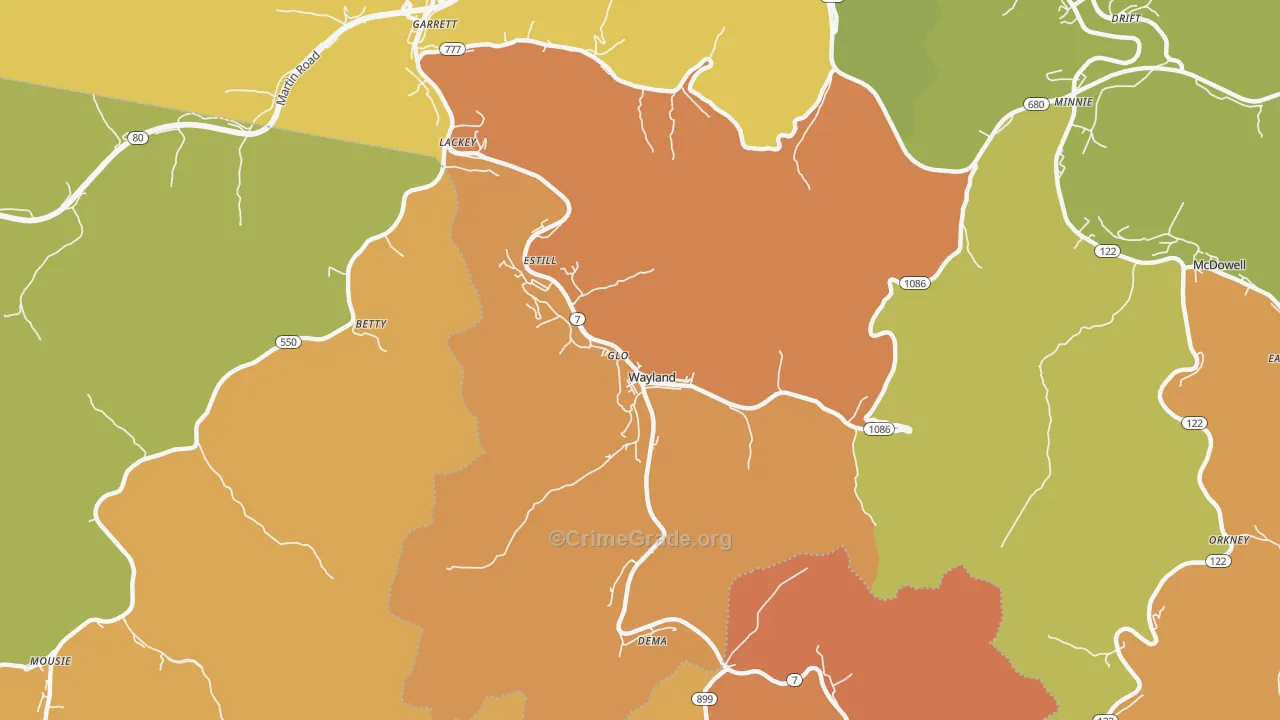 Wayland, KY Map of Vandalism Rates