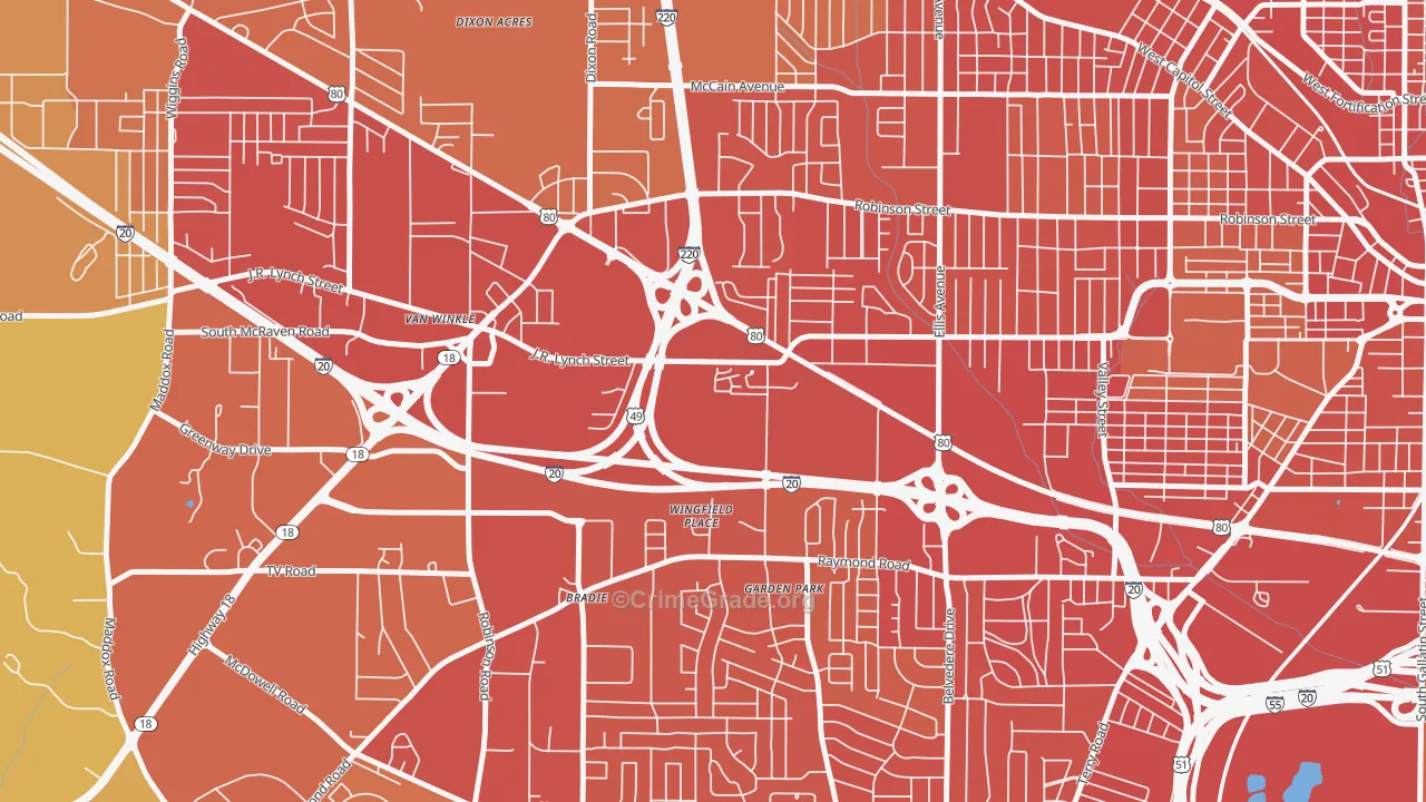 West Central Jackson, Jackson, MS Map of Vandalism Rates