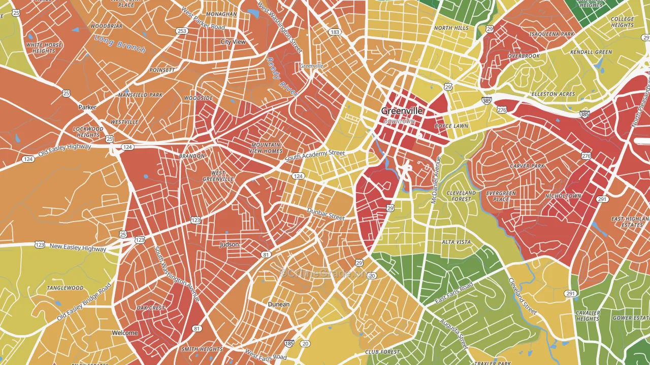 West End, Greenville, SC Map of Vandalism Rates