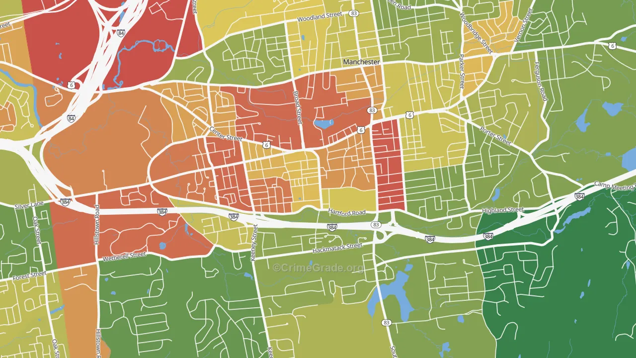 West Side Hartford, Manchester, CT Map of Vandalism Rates