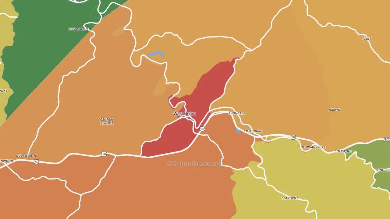 West Union, WV Map of Vandalism Rates