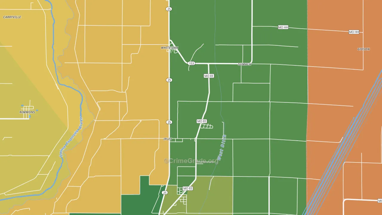 Whiteoak, MO Map of Vandalism Rates