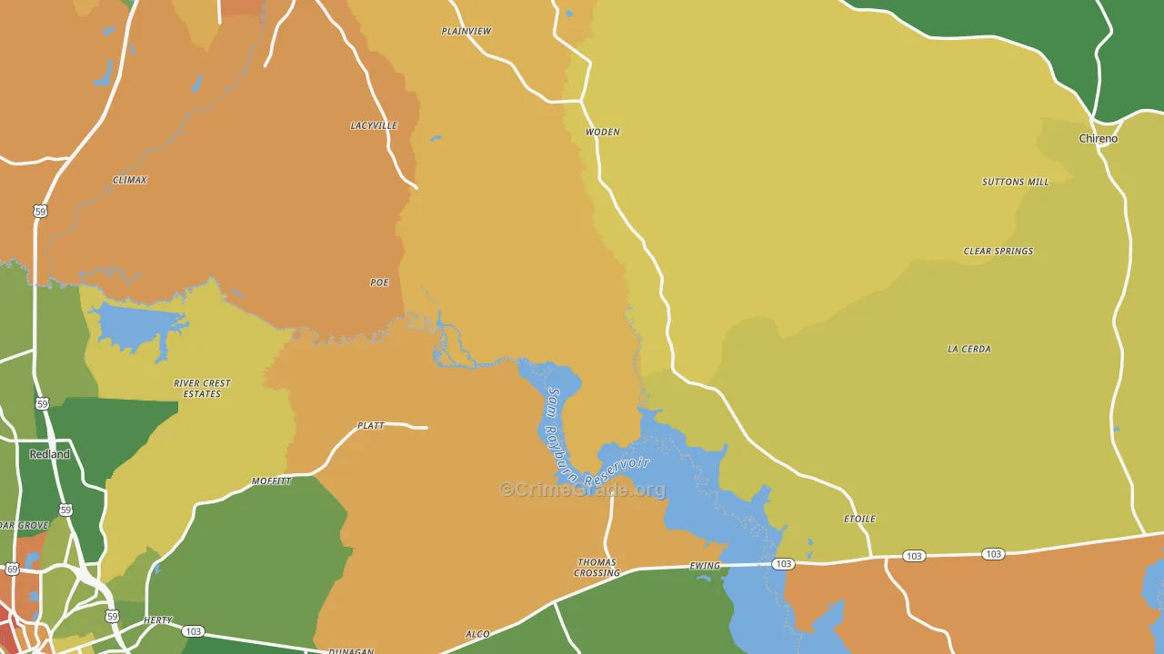 Woden, TX Map of Vandalism Rates