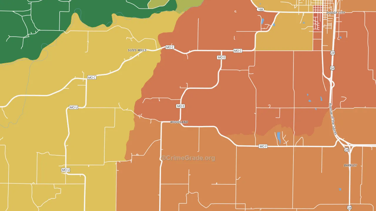 Woodland, MO Map of Vandalism Rates