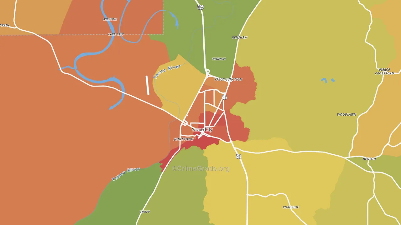 Yazoo City, MS Map of Vandalism Rates