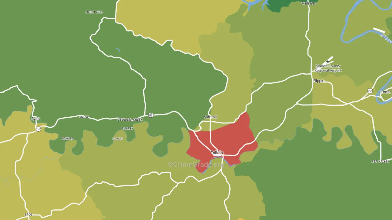 Yellville, AR Map of Vandalism Rates
