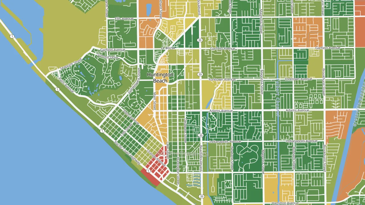 Yorktown, Huntington Beach, CA Map of Vandalism Rates