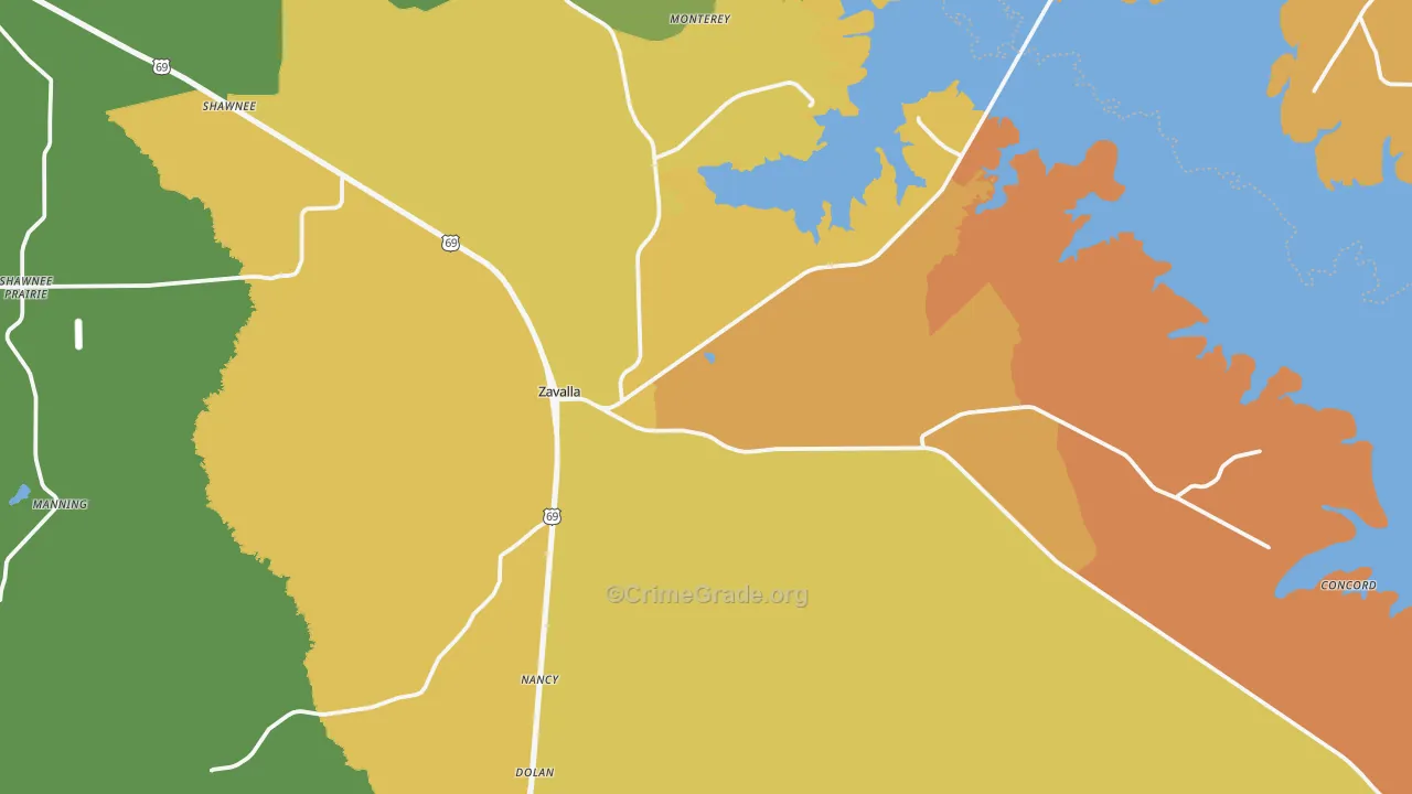 Zavalla, TX Map of Vandalism Rates