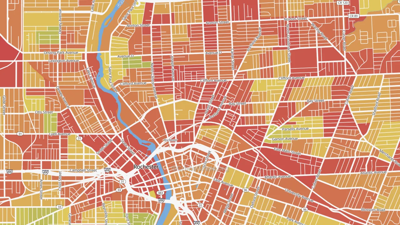 14605, NY Map of Vehicle Theft Rates