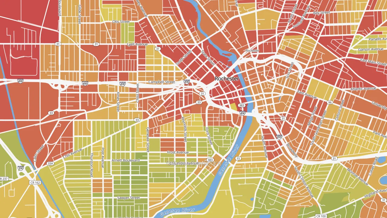 14608, NY Map of Vehicle Theft Rates