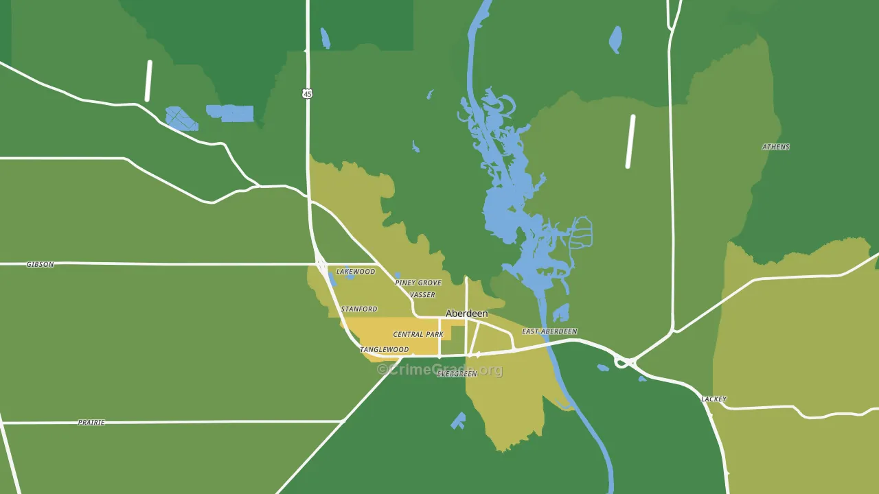 Aberdeen, MS Map of Vehicle Theft Rates