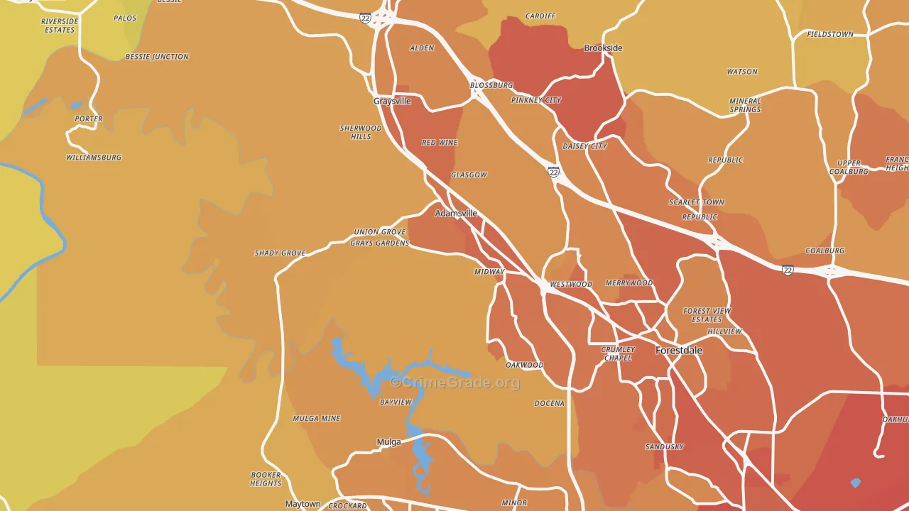 Adamsville, AL Map of Vehicle Theft Rates