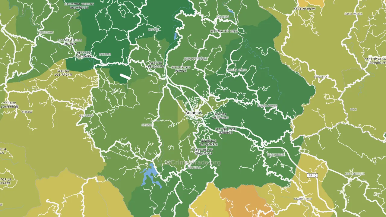Adjuntas, PR Map of Vehicle Theft Rates