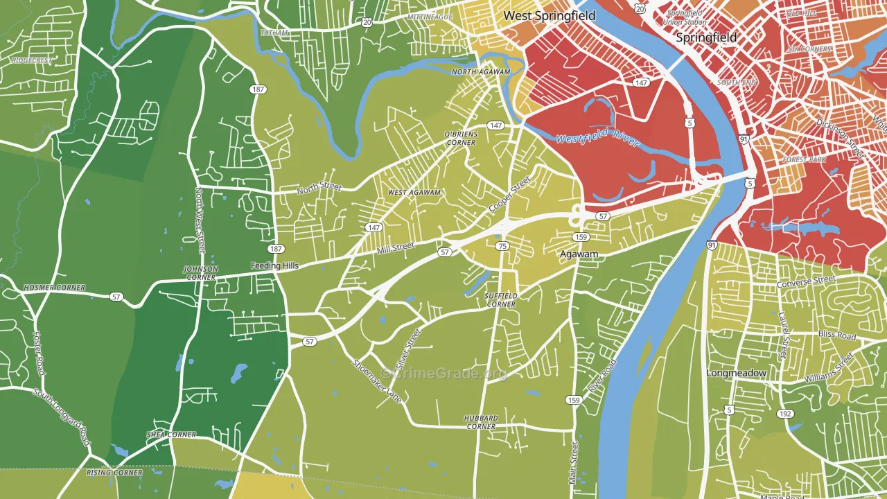 Agawam Town, MA Map of Vehicle Theft Rates