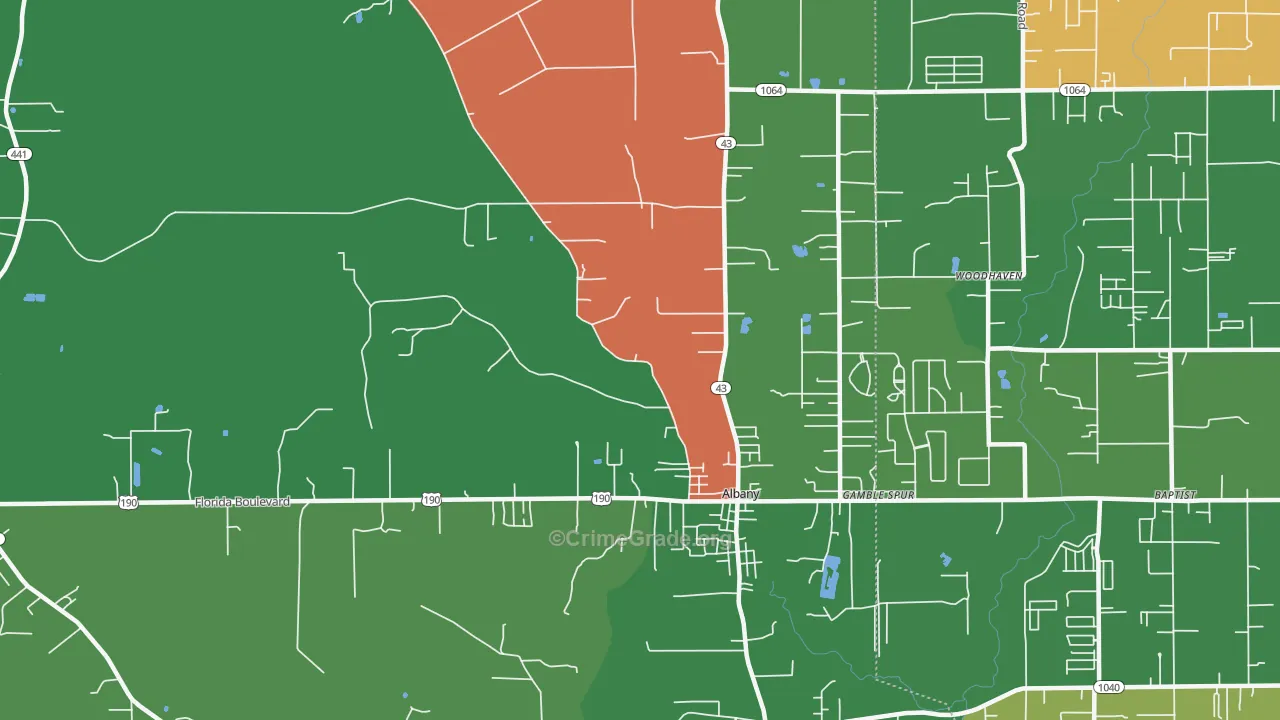 Albany, LA Map of Vehicle Theft Rates