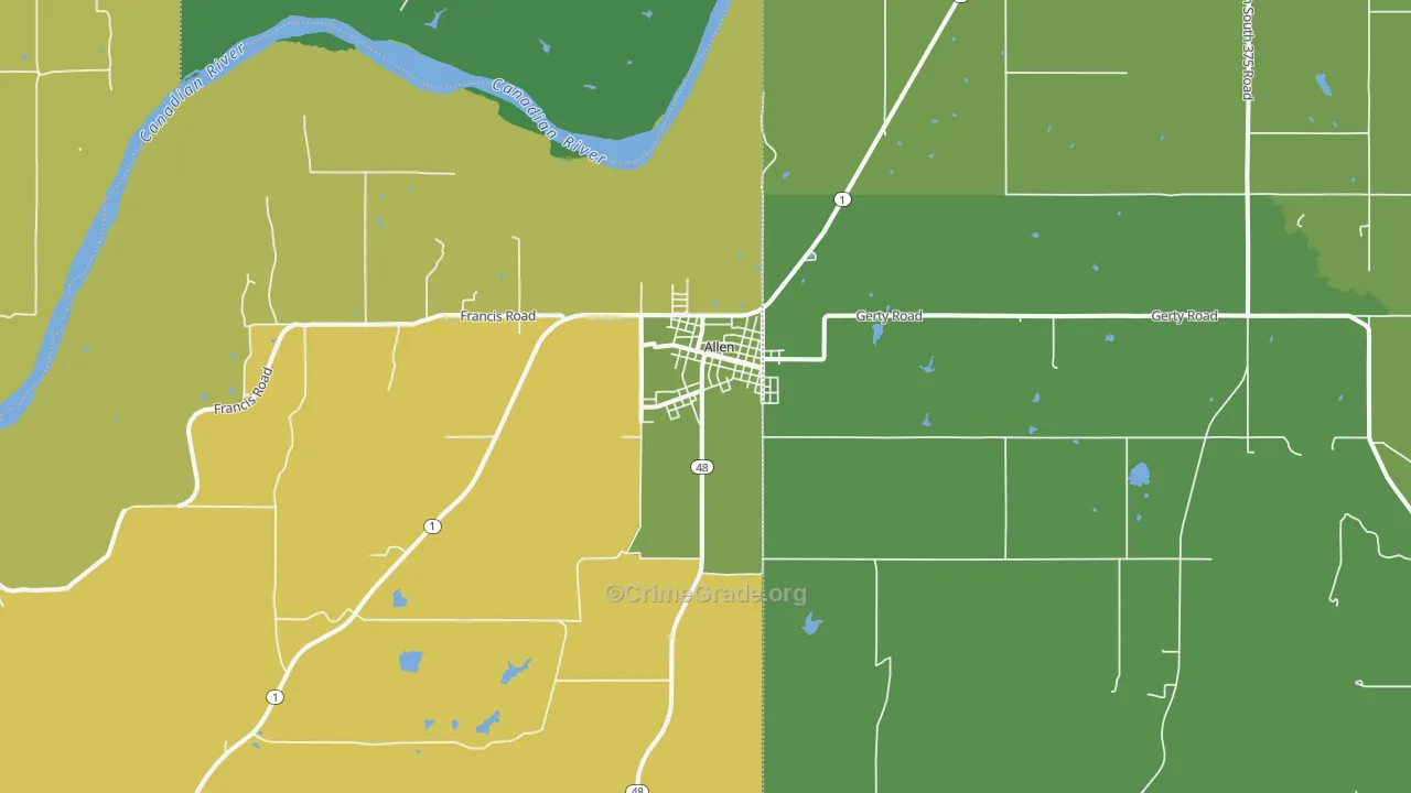 Allen, OK Map of Vehicle Theft Rates