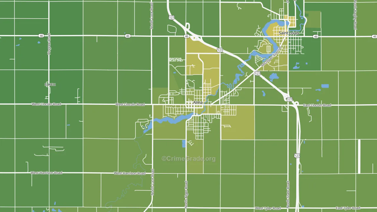 Alma, MI Map of Vehicle Theft Rates