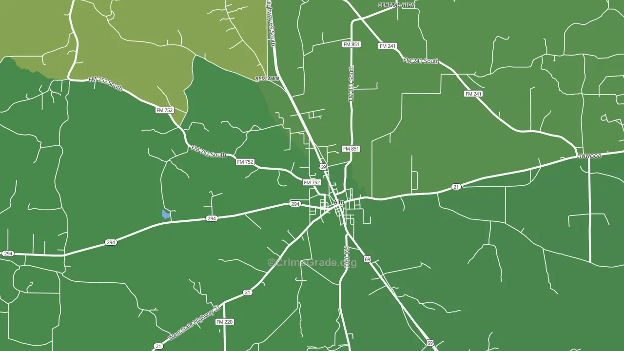 Alto, TX Map of Vehicle Theft Rates