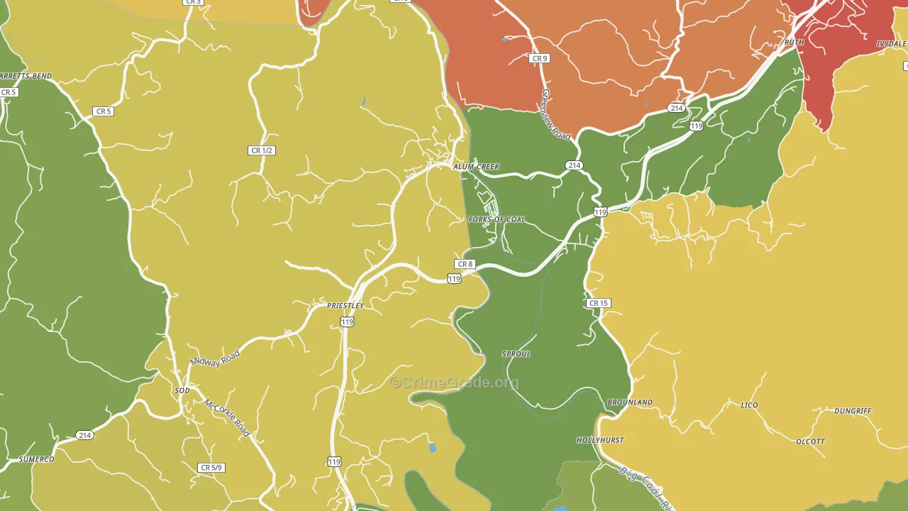 Alum Creek, WV Map of Vehicle Theft Rates
