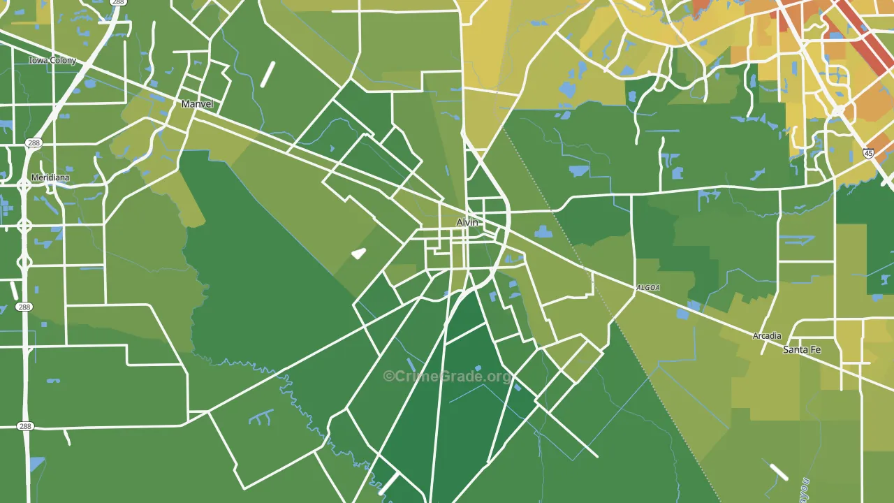 Alvin, TX Map of Vehicle Theft Rates