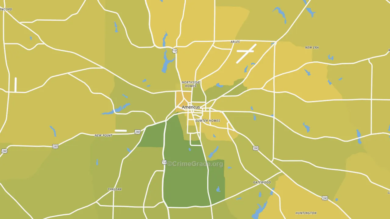 Americus, GA Map of Vehicle Theft Rates