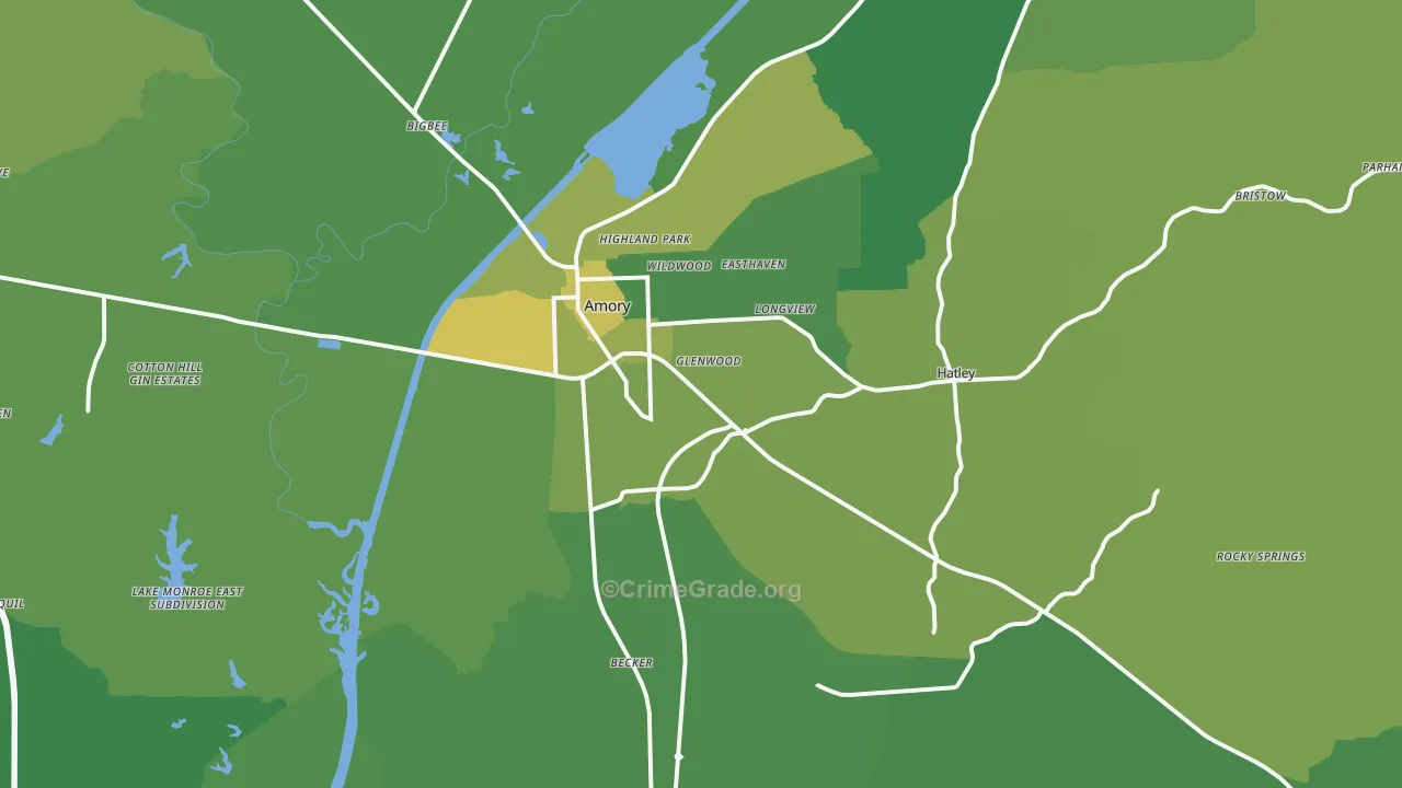 Amory, MS Map of Vehicle Theft Rates