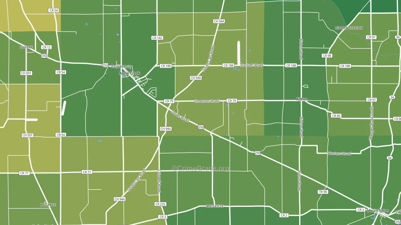 Apple Creek, OH Map of Vehicle Theft Rates